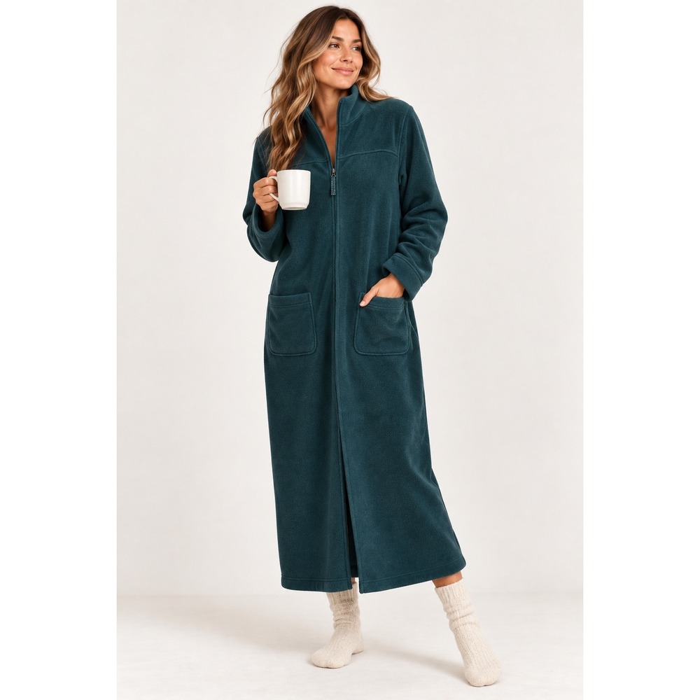 LL Bean Full Length Fleece Robe Housecoat 2 Way Zip Long Spruce Green Large
